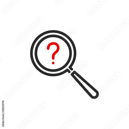 question mark with magnifier glass outline flat icon. Single quality outline logo search symbol for web design or mobile app. Thin line design logo sign. Loupe lens icon isolated on white background.