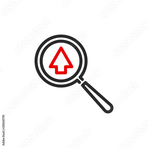 up arrow cursor with magnifier glass outline flat icon. Single quality outline logo search symbol for web design or mobile app. Thin line design logo sign. Loupe lens icon isolated on white background