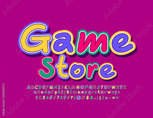 Vector colorful emblem Game Store. Creative bright Font. Hand written Alphabet Letters and Numbers.
