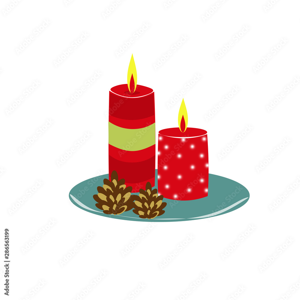 Candele decorative rosse con pigne isolate su sfondo bianco Candele decorative rosse con pigne isolate su sfondo bianco