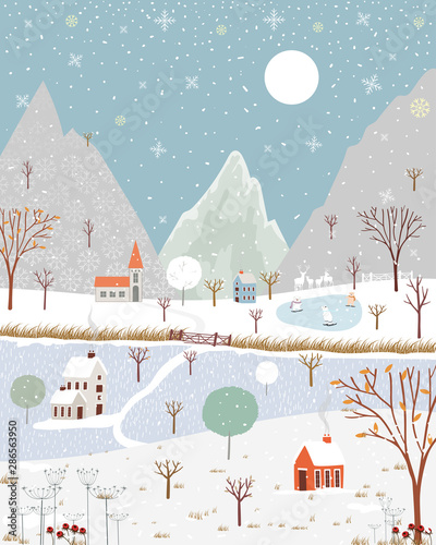 Panoramic of winter landscape,Vector of horizontal banner of winter wonderland at countryside with snow covering,house,moutain,tree and polar bear playing ice skates,Merry Christmas background