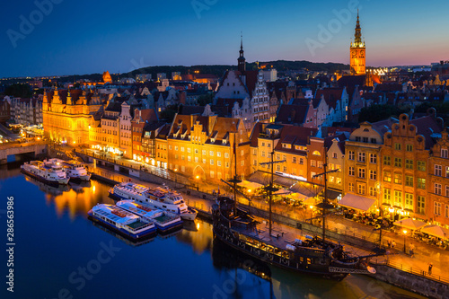 Beautiful architecture of the old town in Gdansk at dusk, Poland.