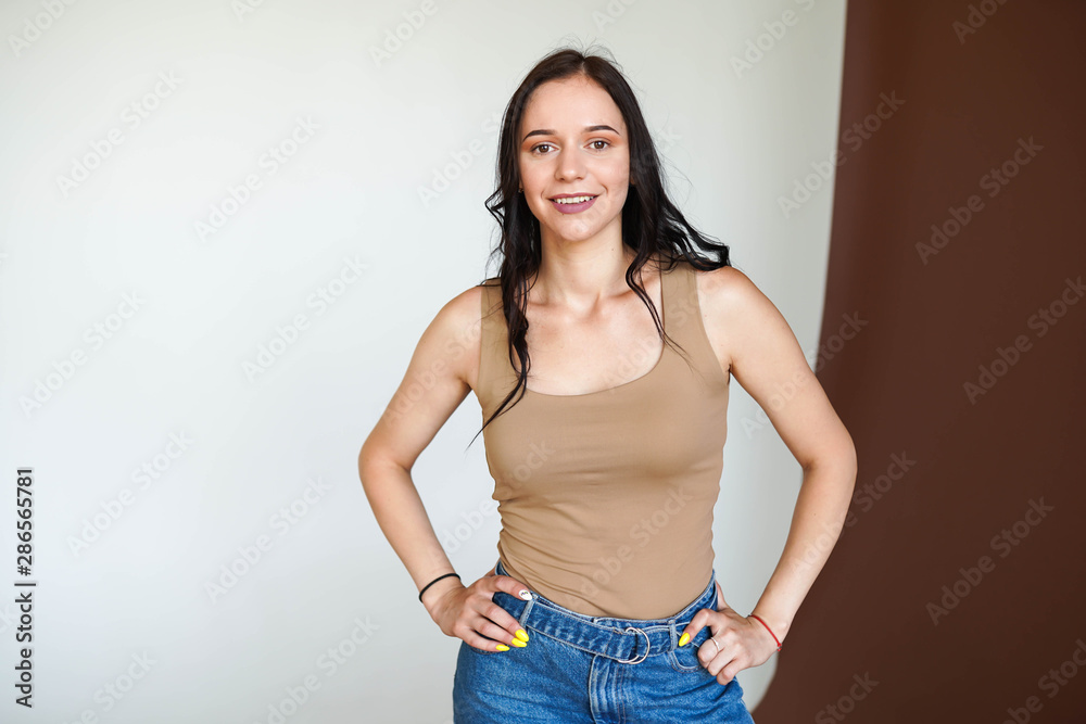 Beautiful smiling woman with nice make-up on white background Beautiful smiling woman with nice make-up on white background