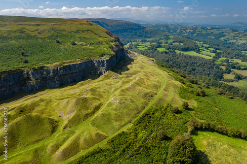 Aerial drone view of the beautiful scenery of the Llangattock Escarpment in the Brecon Beacons, South Wales, UK photo