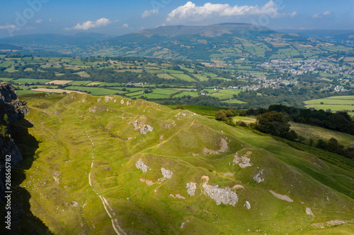 Aerial drone view of the beautiful scenery of the Llangattock Escarpment in the Brecon Beacons, South Wales, UK photo