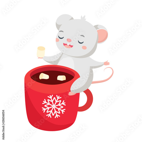 Cartoon mouse. Cute rat sit on cup wit hot cocoa and marshmellow
