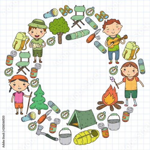 Summer camp Children, kids camping Children plays, hiking, singing, fishing, walking, drawing, having fun After school summer advetures