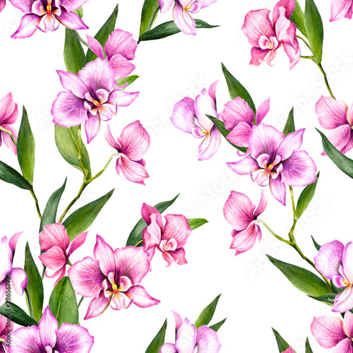 Seamless pattern with orchids. Hand draw watercolor illustration.