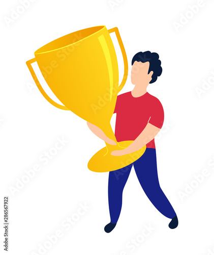 Winner holds goal reward cup. Success motivating illustration.