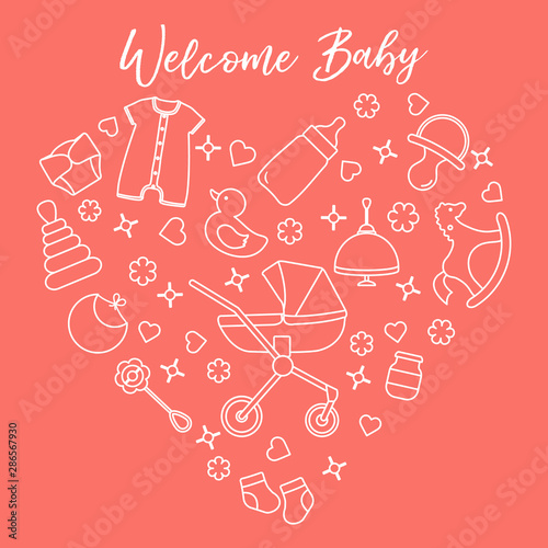 Newborn baby vector illustration. Kid stuff, toys