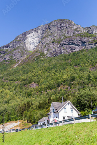 Loen Skylift aerial tramway cabin and station.The cable car climbs to the top of Mount Hoven with scenic view on the famous Nordfjord in Norway.