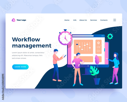 Landing page template workflow management concept with office people