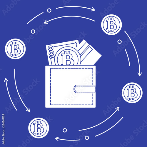 Purse with banknote, credit card and bitcoin.