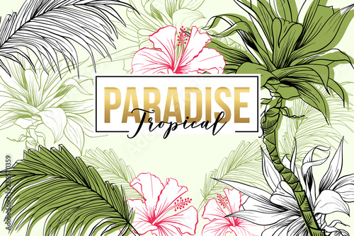 Tropical paradise cartoon banner vector template. Summer resort, tourism agency promo poster layout. Rainforest flora, palm tree leaves and hibiscus hand drawn illustration with lettering
