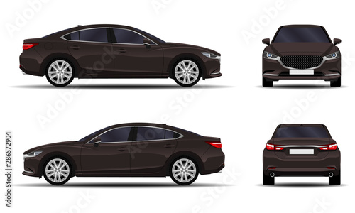 realistic car. sedan. front view  side view  back view.