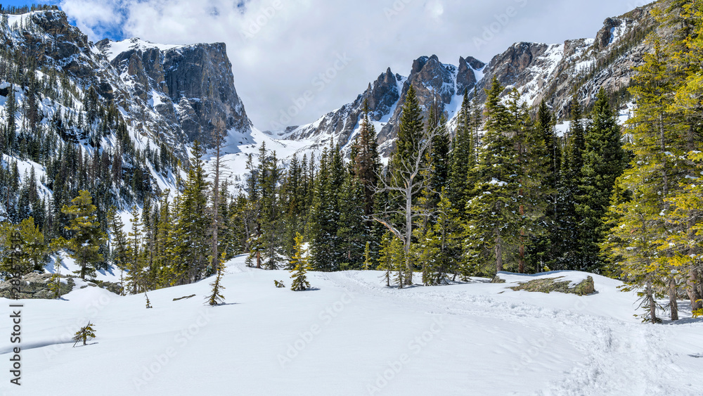 Snow Mountains - A panoramic Spring view of Hallett Peak and Flattop Mountain, surrounded by white snow and green forest, in Rocky Mountain National Park, Colorado, USA.