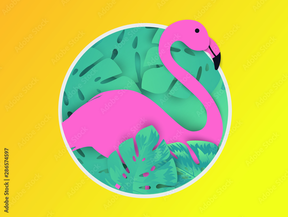 Fototapeta premium Tropical Flowers and Flamingo Summer Banner, Graphic Background, Exotic Floral Invitation, Flyer or Card. Modern poster material paper cut style.