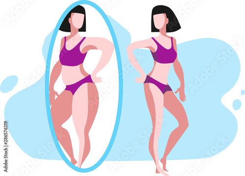 A slender girl stands in front of a mirror and sees a thick reflection of herself. Vector illustration on the theme of bodypositive, weight loss and love for your body.