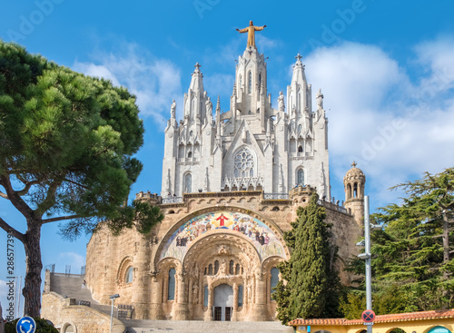 The famous attraction of Barcelona - Expiatory Church of the Sacred Heart of Jesus is a Roman Catholic church and minor basilica located on the summit of Mount Tibidabo