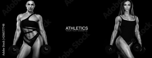 Sport concept. Black and white photo. A strong athletic, women isolated on black with dumbbells, wearing in the sportswear, fitness and sport motivation. Individual sports. Sports recreation. © Mike Orlov