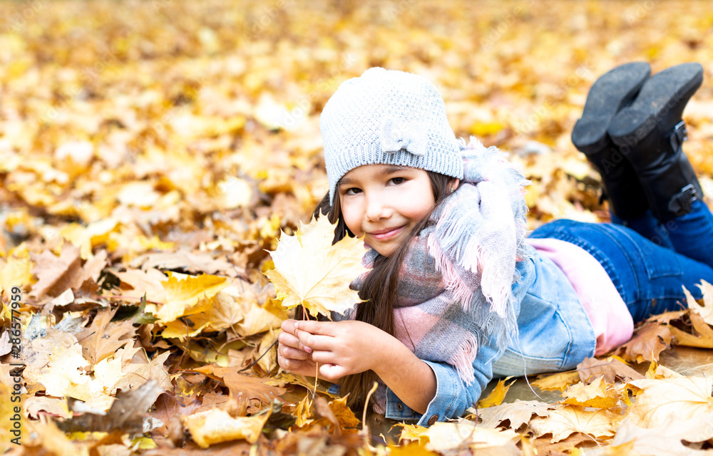 hübsches, kleines Mädchen mit braunen Haaren im Park im Herbst hübsches, kleines Mädchen mit braunen Haaren im Park im Herbst