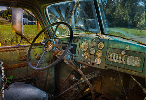 Interior of old truck abandoned in central Virginia photo