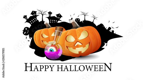 Happy Halloween, banner for your creativity isolated on white background. Logo with silhouette of city and big pumpkins