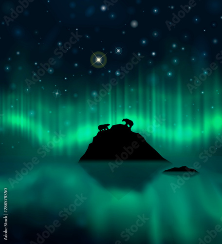 Aurora borealis, polar bears, iceberg and reflections on the water