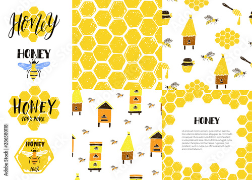 Set of seamless patterns, frame, labels. Honeycomb, bees, beehive, jar.