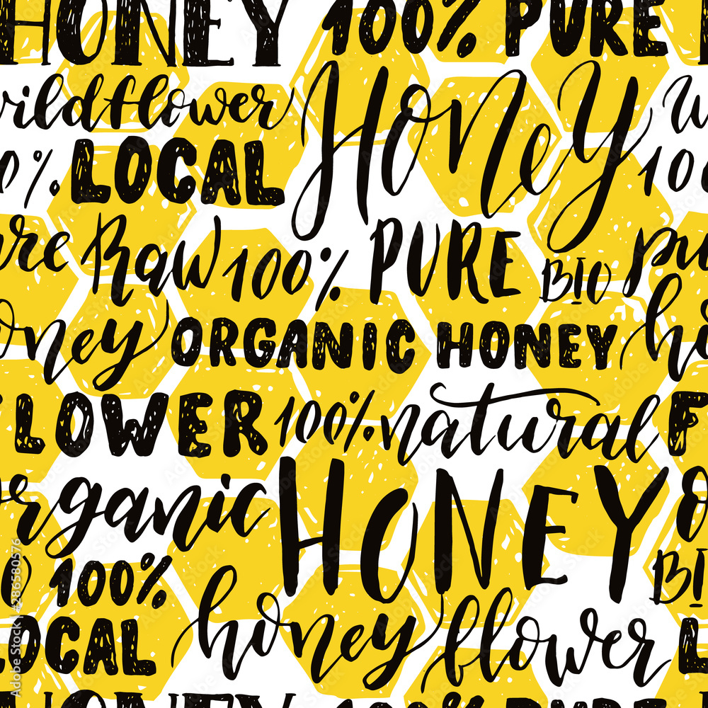 Naklejka Seamless pattern of honey lettering and honeycomb. Vector hand drawn illustration.