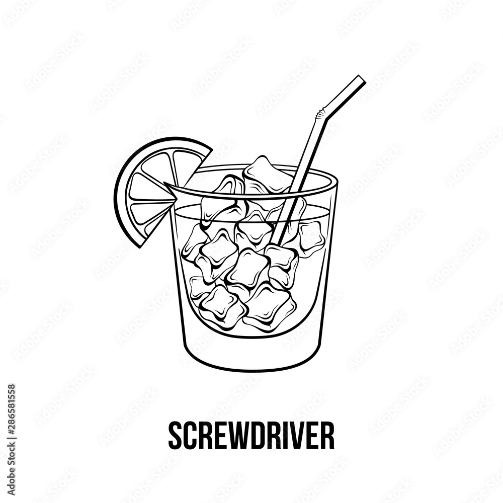 Screwdriver vector hand drawn illustration. Alcoholic beverage with ice