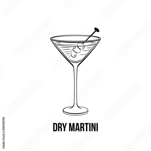 Dry martini vector black and white illustration. Alcoholic drink with olives on stick. Monochrome beverage in glassware ink drawing. Night club cocktail. Bar menu, poster design element