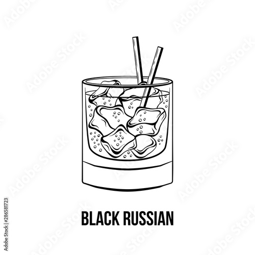 Black russian vector hand drawn illustration. Mixed alcoholic beverage. Cocktail with two straws. Monochrome strong drink with ice ink drawing. Restaurant menu, poster design element
