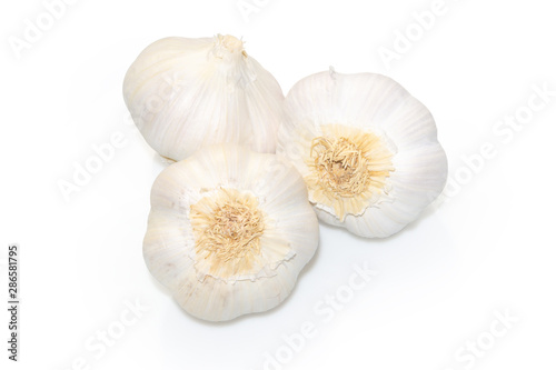 Whole fresh raw garlic heads isolated on white background