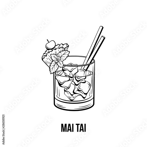 Mai Tai cocktail vector illustration. Monochrome alcoholic cocktail, strong drink with pineapple and cherry ink drawing. Tropical beverage with ice and two straws. Bar menu, poster design element