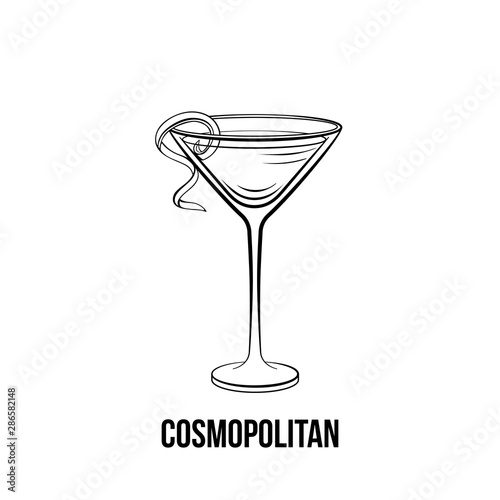 Cosmopolitan vector hand drawn illustration. Monochrome alcoholic cocktail decorated with citrus spiral ink drawing. Strong drink, beverage in glassware. Restaurant menu, poster design element