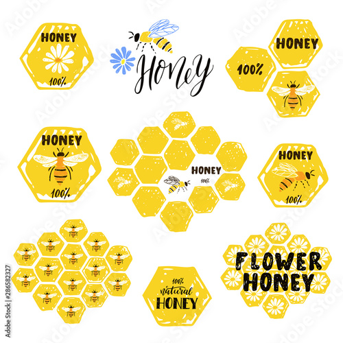 Set of honey labels, badges and design elements.