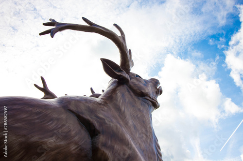 A large deer is made of wood against the sky. The deer has large horns that, against the sky, seem to touch the clouds. The head of a deer is raised to the sky.