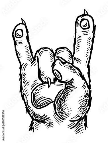 Cat paw show sign Rock and Roll. Vector vintage engraving