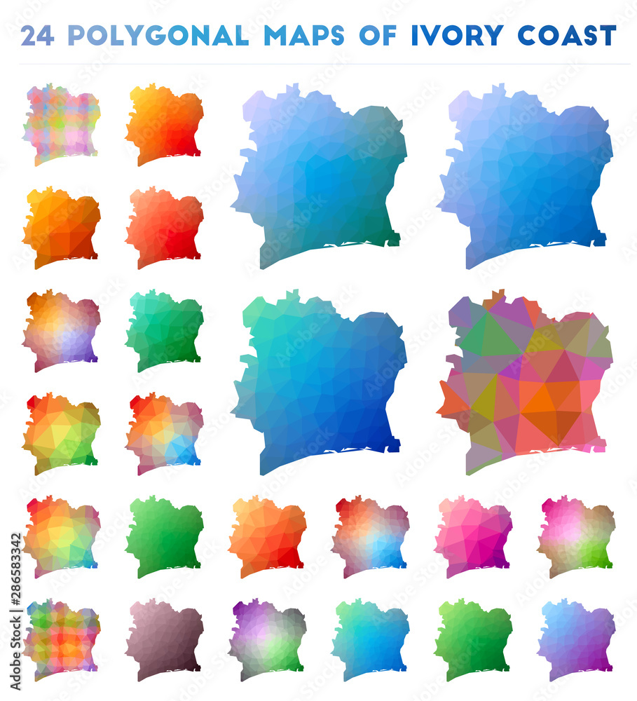 Set of vector polygonal maps of Ivory Coast. Bright gradient map of the country in low poly style. Multicolored Ivory Coast map in geometric style for your infographics. Set of vector polygonal maps of Ivory Coast. Bright gradient map of the country in low poly style. Multicolored Ivory Coast map in geometric style for your infographics.