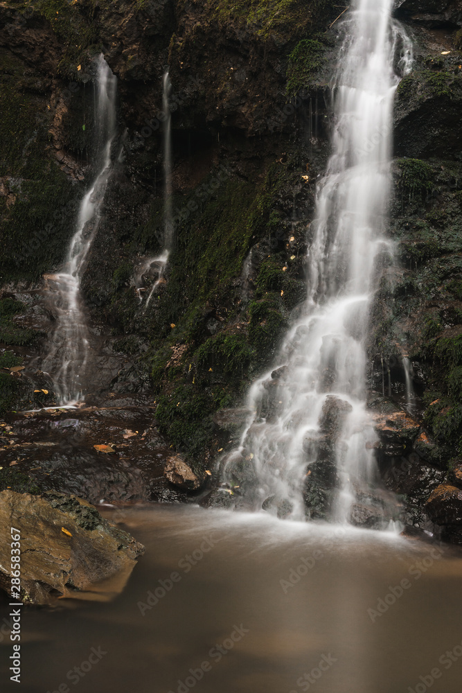 Obraz premium Small pond, waterfall and mossy rocks in the beautiful forest