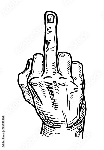 Male hand showing middle finger. Sign fuck you engraving