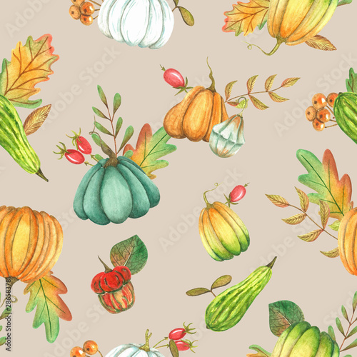 Watercolor seamless pattern with autumn pumpkins, leaves, branches and dogrose on a craft background.
