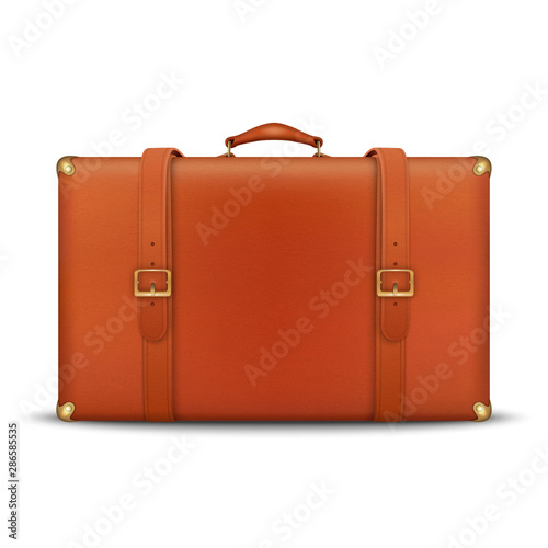 Vector 3d Realistic Retro Leather Brown Threadbare Suitcase With Metal Corners, Belts and Handle Icon Closeup Isolated on White Background. Vacation and Travel Concept. Vintage Bag. Front View