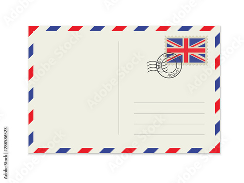 Blank post card with rubber stamp. Mockup realistic post card  and postage stamp with UK flag.