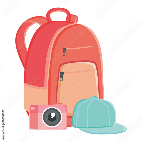 schoolbag with sport cap and camera photographic