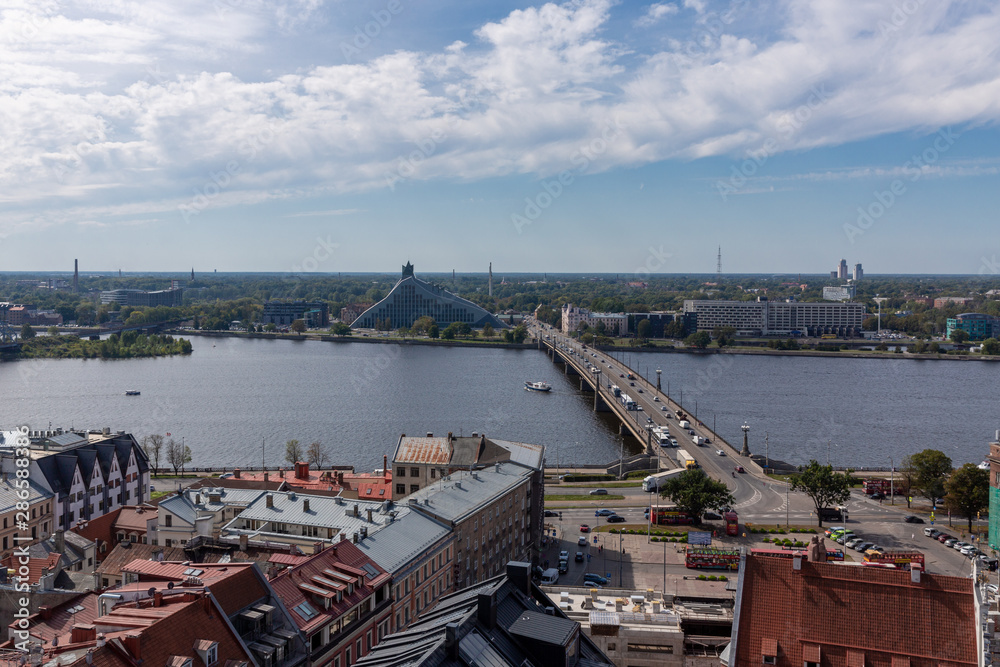 View of Old Town and river Daugava from Saint Peter church, Riga, Latvia