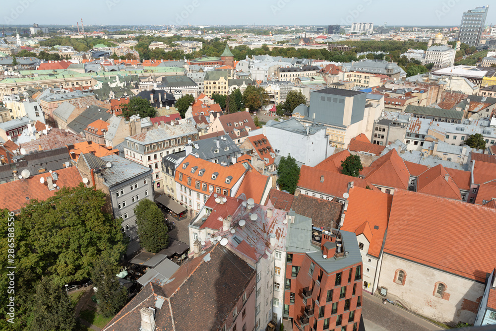 Panorama view from Riga cathedral on old town of Riga, Latvia. Rooftops of old town