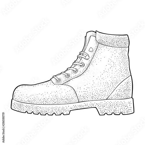 Leather outdoor boot for tourist. Vector vintage engraving