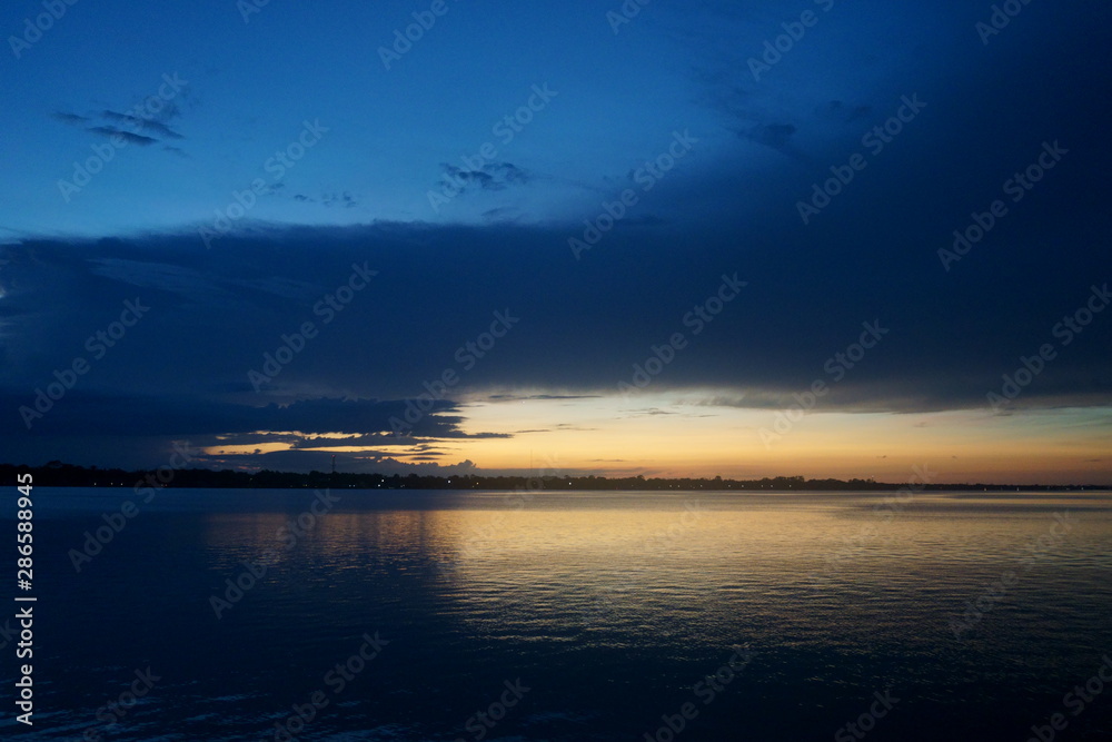 sunset over the river, sunset, water, sky